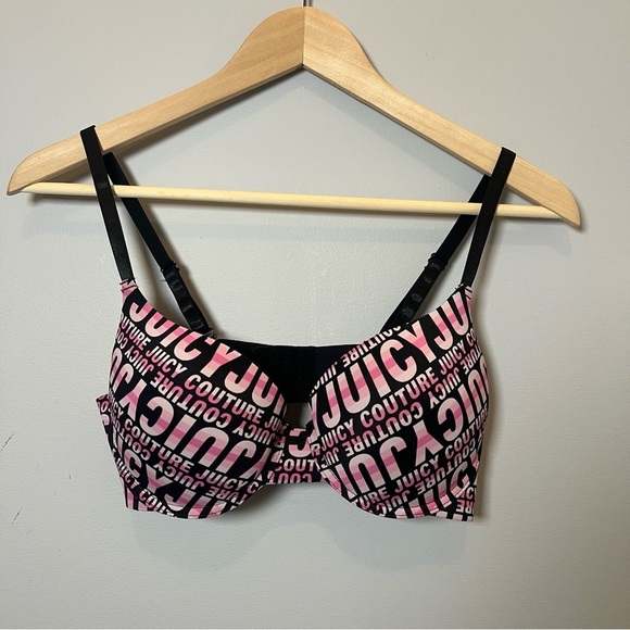 Juicy Couture Black & Pink Bra size 36C Underwire Spell Out - Picture 1 of 6